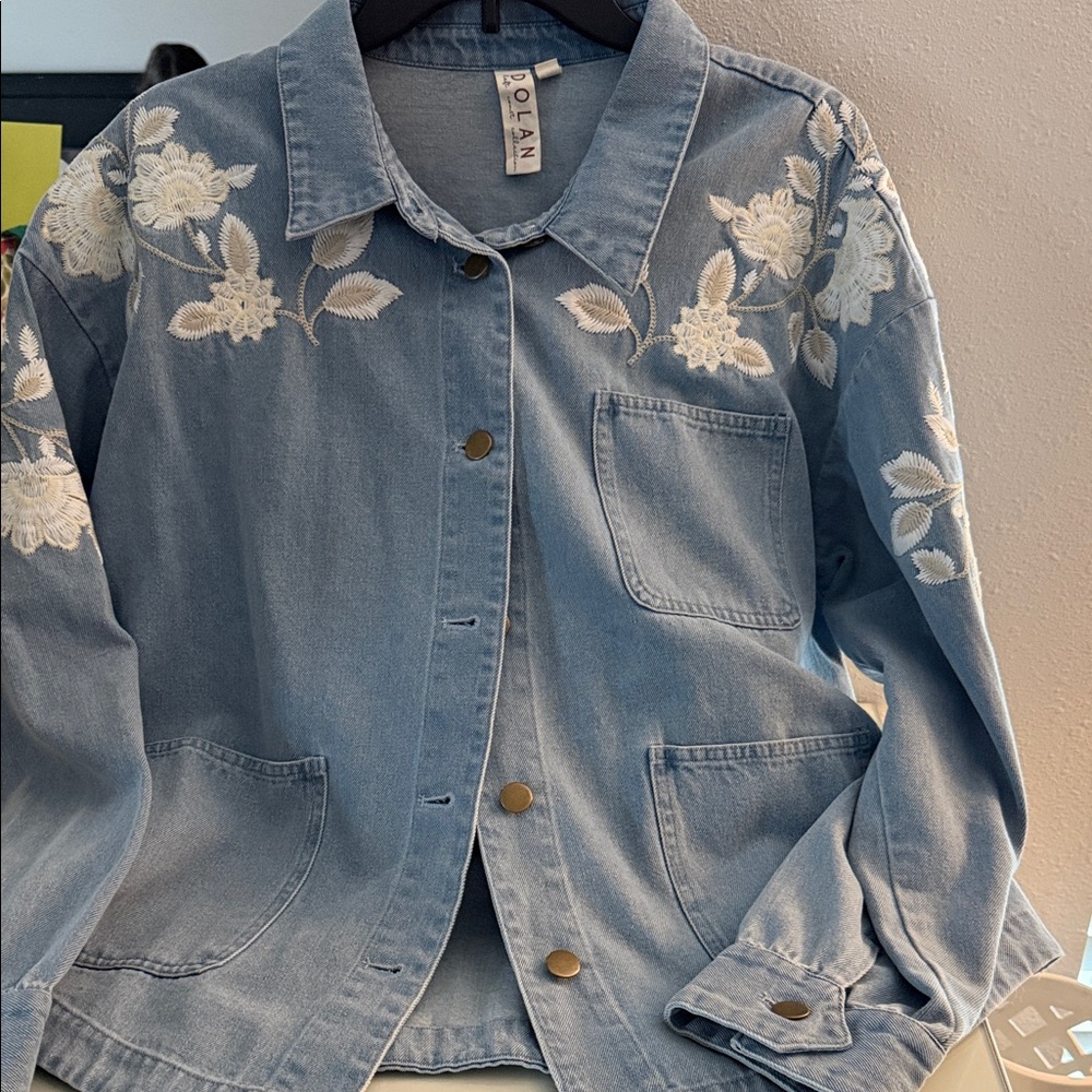 💕Dolan Left Coast Collection Light Blue Denim Jacket with White Embroidery💕